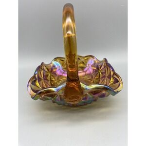 Vintage Indiana Glass Monticello Yellow Mist  Carnival Glass‎ Basket With Handle